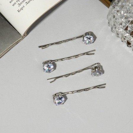 Invisibility for hair "Quarter" (set 4 pcs) Round rhinestones, 5.5 cm, silver