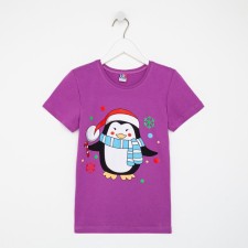 Children's T -shirt, purple color/penguin, height 128 cm