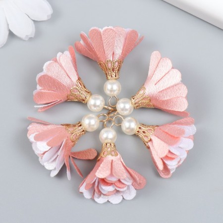 Decor Textile "Flower 2 colors with pearls. Direct pink and white" set 6 pcs 3 cm-2