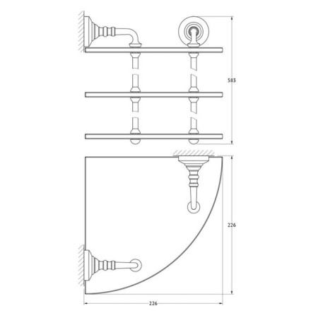 The corner shelf is three -tier, width 23 cm, glass, antique copper-1
