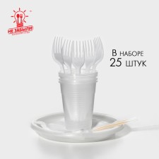 A set of plastic disposable utensils for 5 people, a glass of 200 ml, forks, flat plates d = 16.5 cm, toothpicks, paper napkins