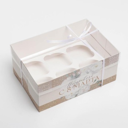 Capcake box, confectionery packaging with PVC lid, 6 cells "Flowers", March 8, 23 x 16 x 10 cm-2
