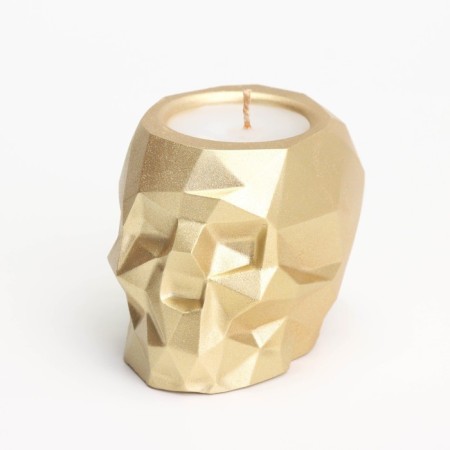 Candle "Skull" in a candlestick of gypsum with faces, 6x9x6.5cm, gold-2