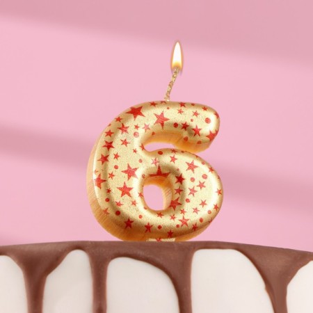 Candle in the Sanata cake, number "6", gold with red stars, 5.5 cm