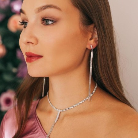 Hanging earrings with rhinestones "drops" shine, white color in silver, 11 cm-3