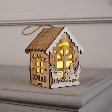 Christmas tree toy "House with Santa Claus on the sled", from batteries, glow warm white-2