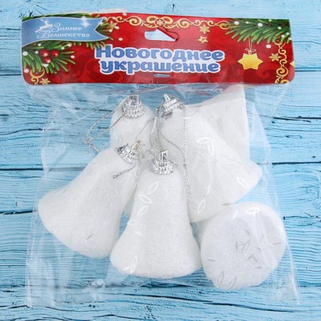 Jewelry decoration "Bell with hoarfrost and sparkles" (set 6 pcs) 4.5x5 cm, white-1