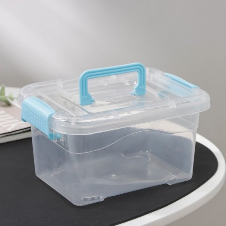 The storage container is plastic, 20 × 15 × 11 cm, a cover with a handle on a latch, matte-4