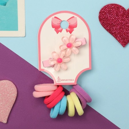 Caramel hair set (10 elastic bands 1.5 cm, 2 clamps 2.5 cm) chamomile, pink