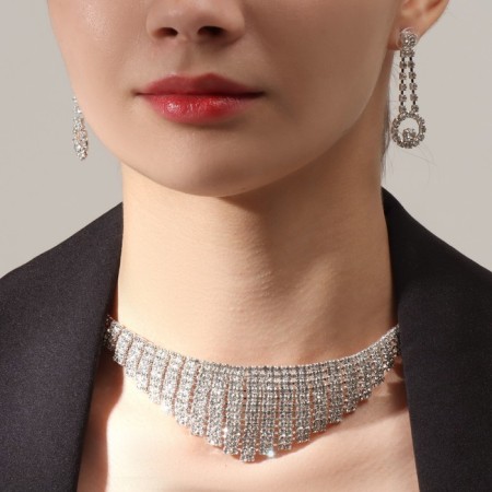 Set 2 objects: earrings, necklace "elegy" ladder, white color in silver, 40 cm-2