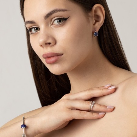 Earrings with rhinestones "Bloom", blue color in silver-2