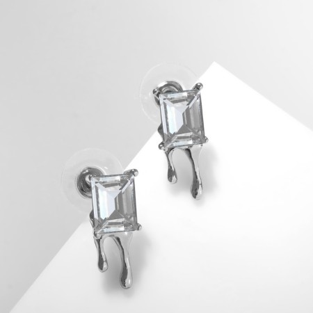 Earrings with rhinestones "melting" rectangle, white color in silver-1