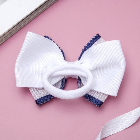 Hair elastic band "Schoolgirl" Blue Professor, 7 cm, white-blue-1