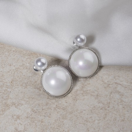 Earrings with pearls "splendor" two circles, white color in silver