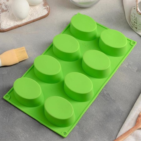 The form for baking is the “figure. Ellipse smooth ”, silicon, 28.5 × 17.2 cm, 8 cells (7.4 × 5.2 × 3 cm), mixing color-7