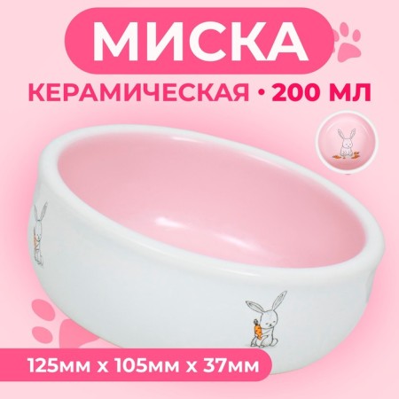 Ceramic bowl for rabbits 200 ml 10 x 3.7 cm, pink/white