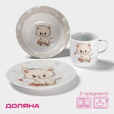A set of children's dishes of the share “kitten on the skate”, 3 objects: a mug 230 ml, a bowl of 400 ml, a plate d = 18 cm, white color