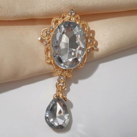 Obval brooch with a drop, white color in gold-5