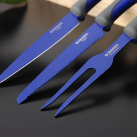 A set of kitchen utensils FADED, 3 objects: 2 knives, fork for meat, blue color-1
