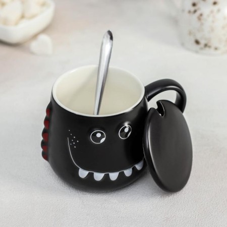 Ceramic mug with a lid and a spoon "Zubastik", 480 ml, color mix-1