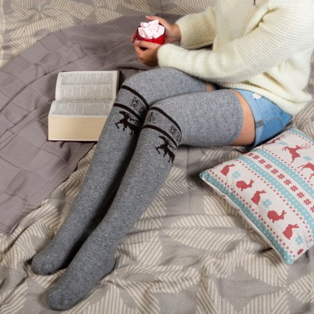 Women's stockings from Mongolian wool with a pattern, gray color, size 23-25