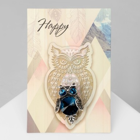 Brooch "Owl Round", blue color in black silver