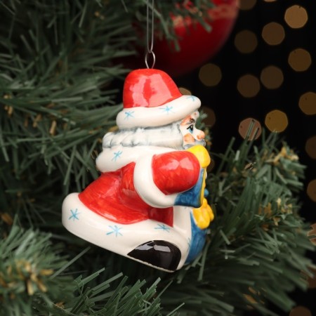 Fir -tree porcelain toy "Santa Claus with a clock", Red fur coat, 8 cm-3