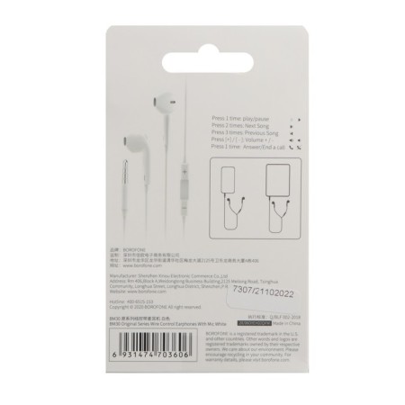 Headphones Borofone BM30, inserts, microphone, jack 3.5 mm, cable 1.2 m, white-7