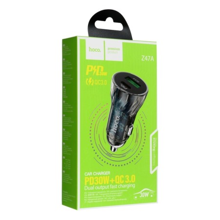 Hoco Z47A car charger, transparent, Type-C, USB, 30 W, PD+Qc, blue-5