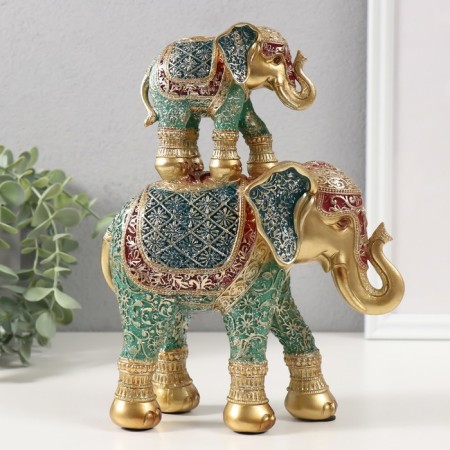 Polystone souvenir "Elephant with an elephant, chamomile on the ass" red-blue, sparkle 17x7x23 cm 103258-3