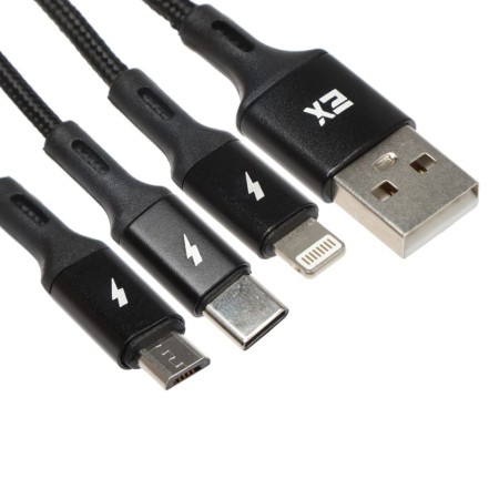 Cable 3 in 1 Exployd Ex-K-1417, USB-Microusb/Lightning/Type-C, 2.4 A, 1.2M, nylon, black