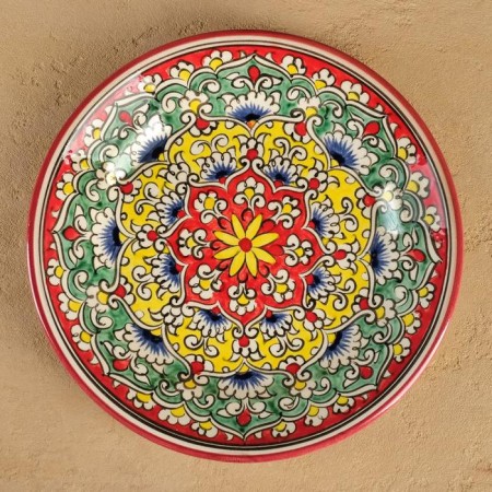 Plate of the Rishtan ceramics "Kalam", 23 cm, red-yellow, Mix patterns-4