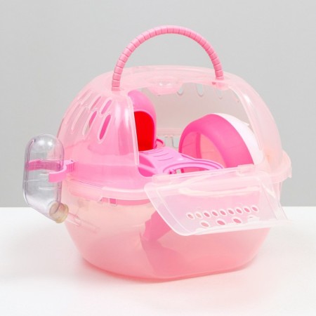 Carrier carrier carrier with a house, shelf, drinker, 29x23x23 cm, pink-3