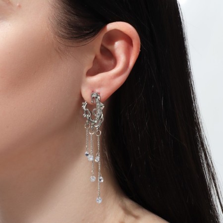 Hanging earrings with rhinestones "Firebird" with drops on a chain, white color in silver, 7 cm-3