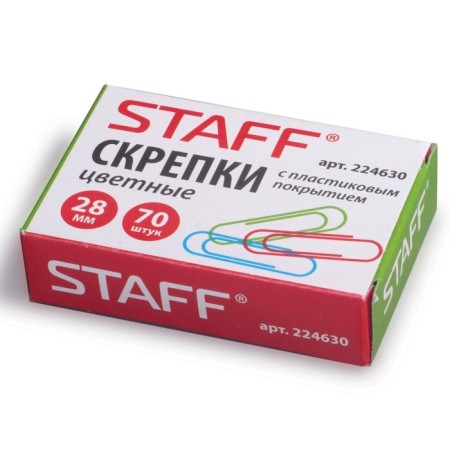 Office paper clips 28 mm color, 70 pcs, staff, cardboard box