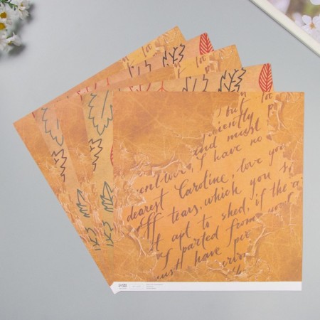 Scrapbooking paper bilateral "leaves and manuscript" density 180 grams set 5 pcs 30.5x32 cm 10-1