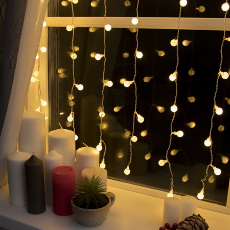 Garland "Curtain" 2 x 1.5 m with nozzles "Balls", IP20, transparent thread, 360 LED, glow warm white, 8 modes, 220 V-1