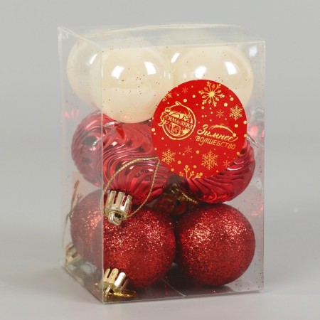 Set of balls plastic D-4 cm, 12 pcs "Melody" waves shine, white red-1
