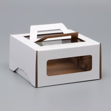 Box for cake 2 windows, with handles, white, 21 x 21 x 11 cm