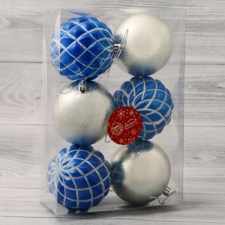 Set of balls plastic D-8 cm, 6 pcs "Dorofei mesh" blue-silver-1