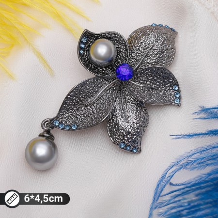 Brooch "Flower" orchid with pearls, the color is gray-blue in black silver