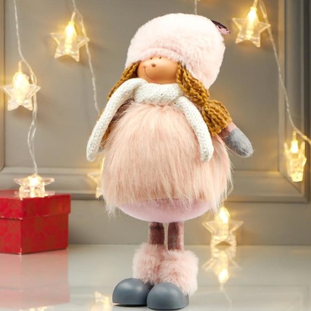 Interior doll "Girl in a pink fur coat and in a hat with ears" 38x11x16 cm-4