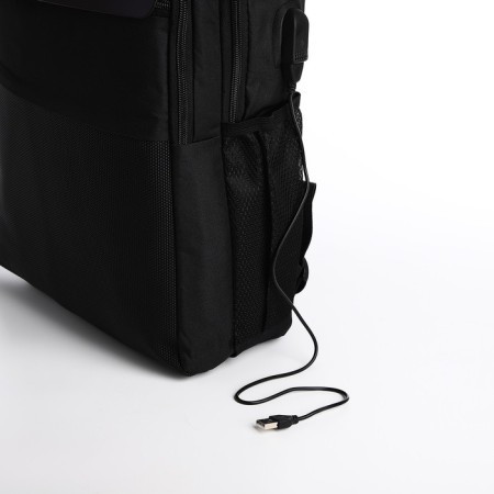 Male backpack on lightning, 3 outer pockets, a USB connector, a suitcase mount, dark gray color-5