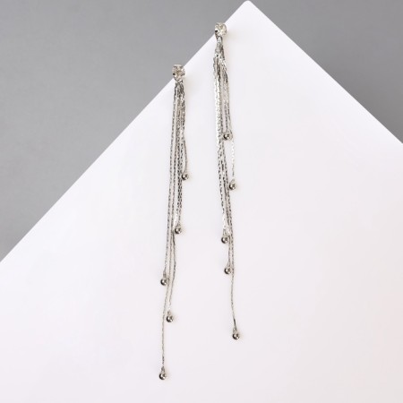 Hanging earrings with the rhinestones "celebrity" threads with beads, white color in silver, 12.5 cm-1