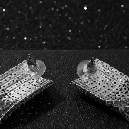 Hanging earrings with rhinestones "Waterfall" on a square, white color in silver, 11 cm-1