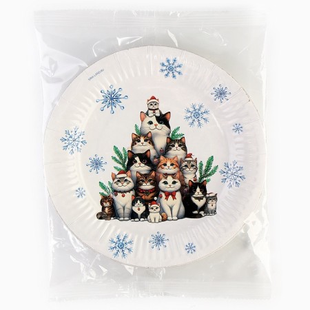 New Year's Papa plate "Happy New Year", cats, 18 cm, disposable-3