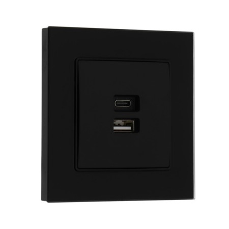 Socket with USB-A + usb-C connectors, 2.1 A, 5V, TOT MATTE GLASS, hidden, glass, black-1
