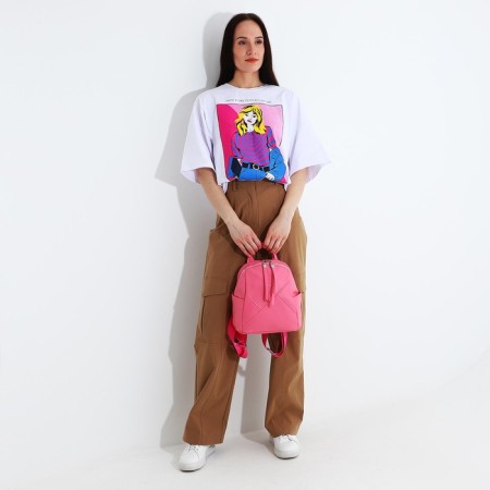 A backpack with a zipper, 3 outer pockets, pink color-5