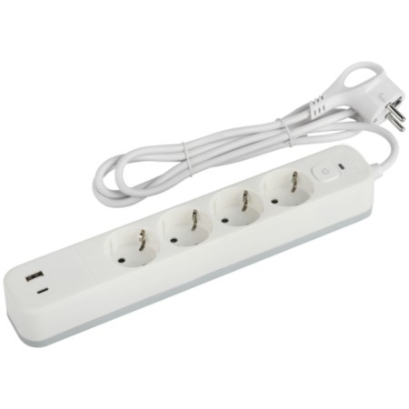 Network filter USF-4S-3M-2XUSBAC-W with basic protection with a grounding switch 4 outlet+2XUSBA+C 2.4A 3M 10A 10A 10A