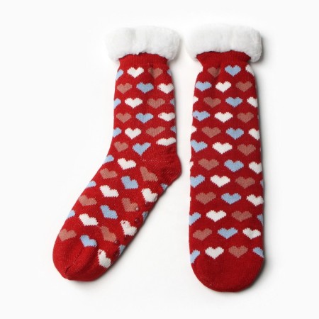 Women's socks with fur "hearts", red color, size 36-40